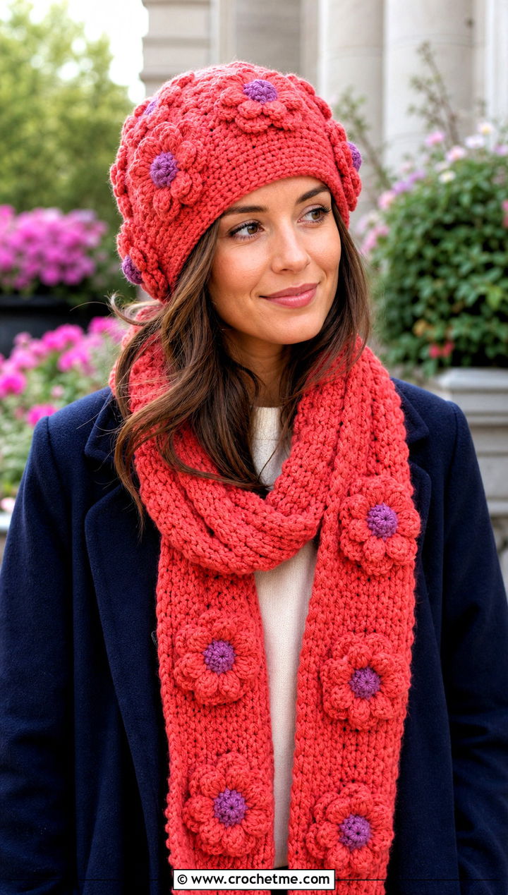 Floral Crochet Beanie And Scarf Set With Minimal Outfit - 30 crochet beanie and scarf set outfit ideas