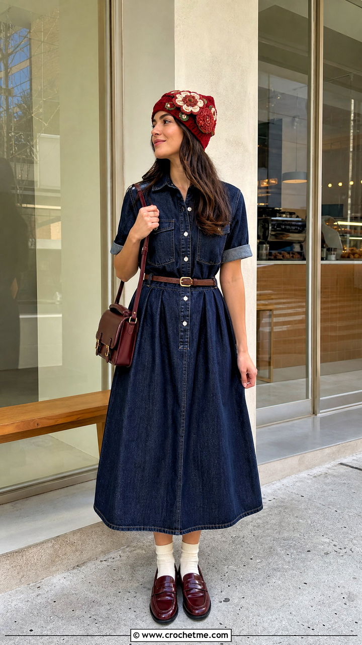 Floral Crochet Beanie With Denim Dress And Loafers - 35 crochet hat for women outfit ideas