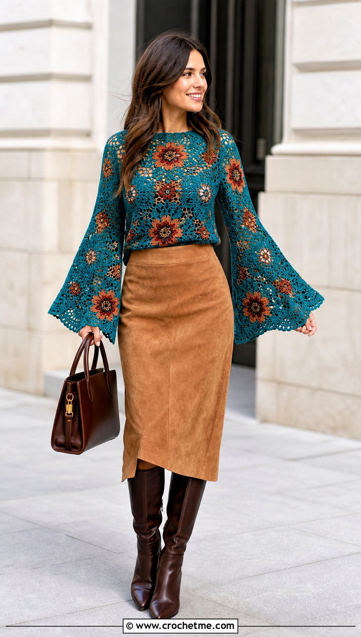 Floral Crochet Bell Sleeve Top With Suede Skirt - 35 floral crochet top outfit ideas