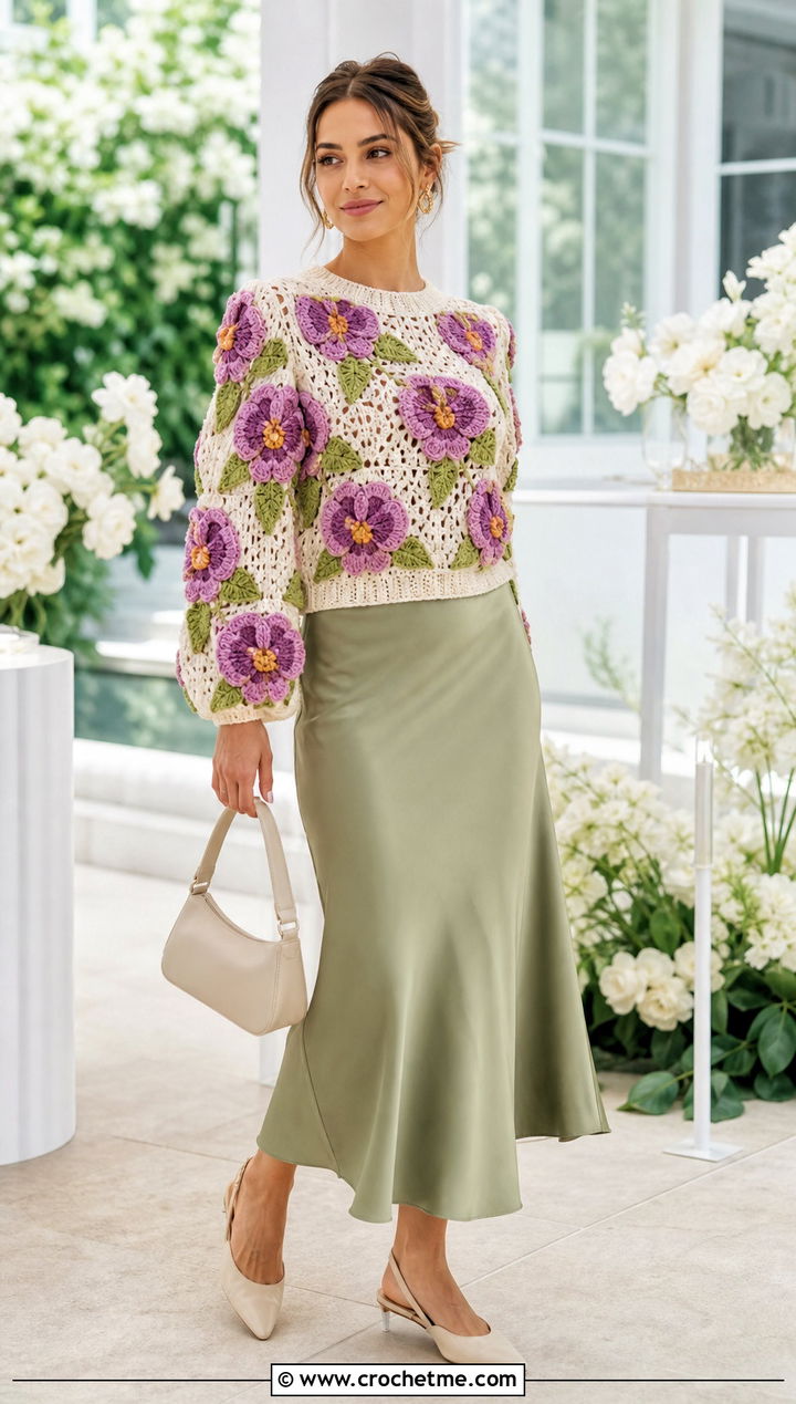 Floral Crochet Block Sweater With a Slip Skirt - 30 crochet block sweater outfit ideas