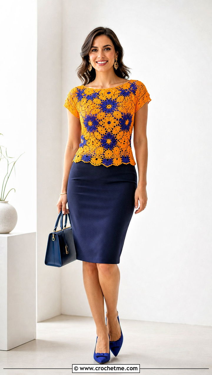 Floral Crochet Boatneck Top With Pencil Skirt - 35 floral crochet top outfit ideas