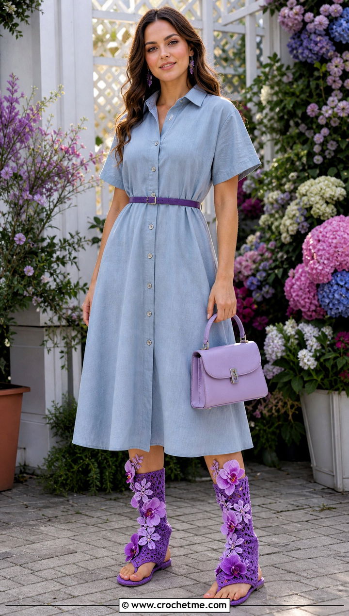 Floral Crochet Boots With Flip Flop Soles And Shirt Dress - 15 crochet boots with flip flop soles outfit ideas