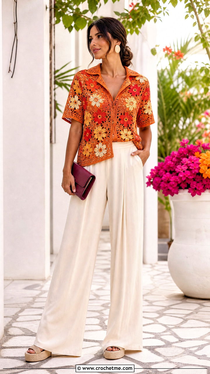 Floral Crochet Bowling Shirt With Palazzo Pants - 35 Crochet Flower Shirt outfit ideas