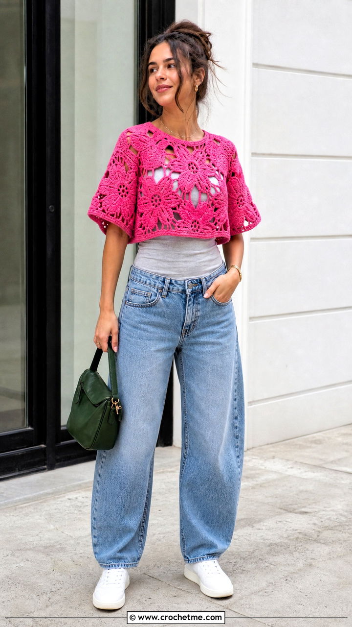 Floral Crochet Boxy Top With Barrel Jeans - 35 crochet floral top outfit ideas