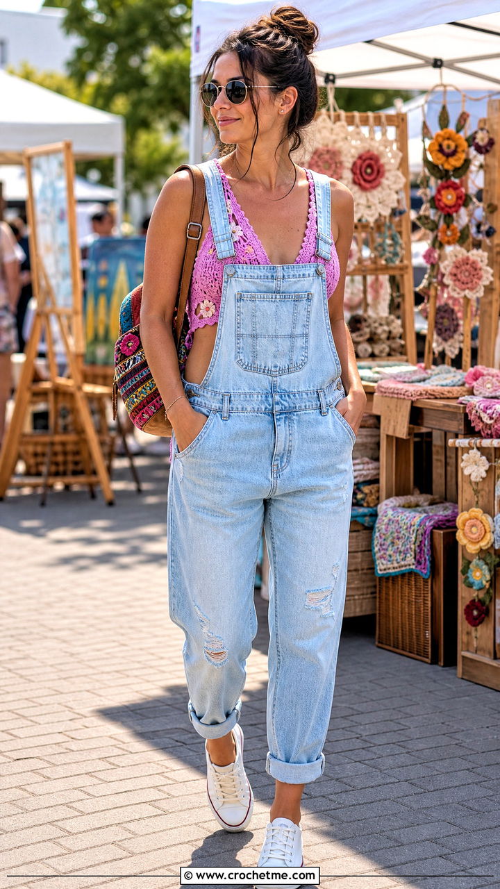 Floral Crochet Bralette Top With Denim Overalls - 35 crochet flower top outfit ideas
