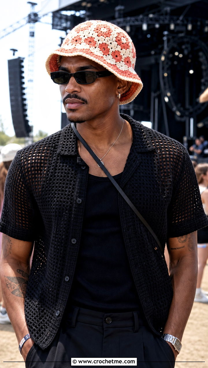 Floral Crochet Bucket Hat With Mesh Shirt And Relaxed Trousers - 30 crochet bucket hat men outfit ideas
