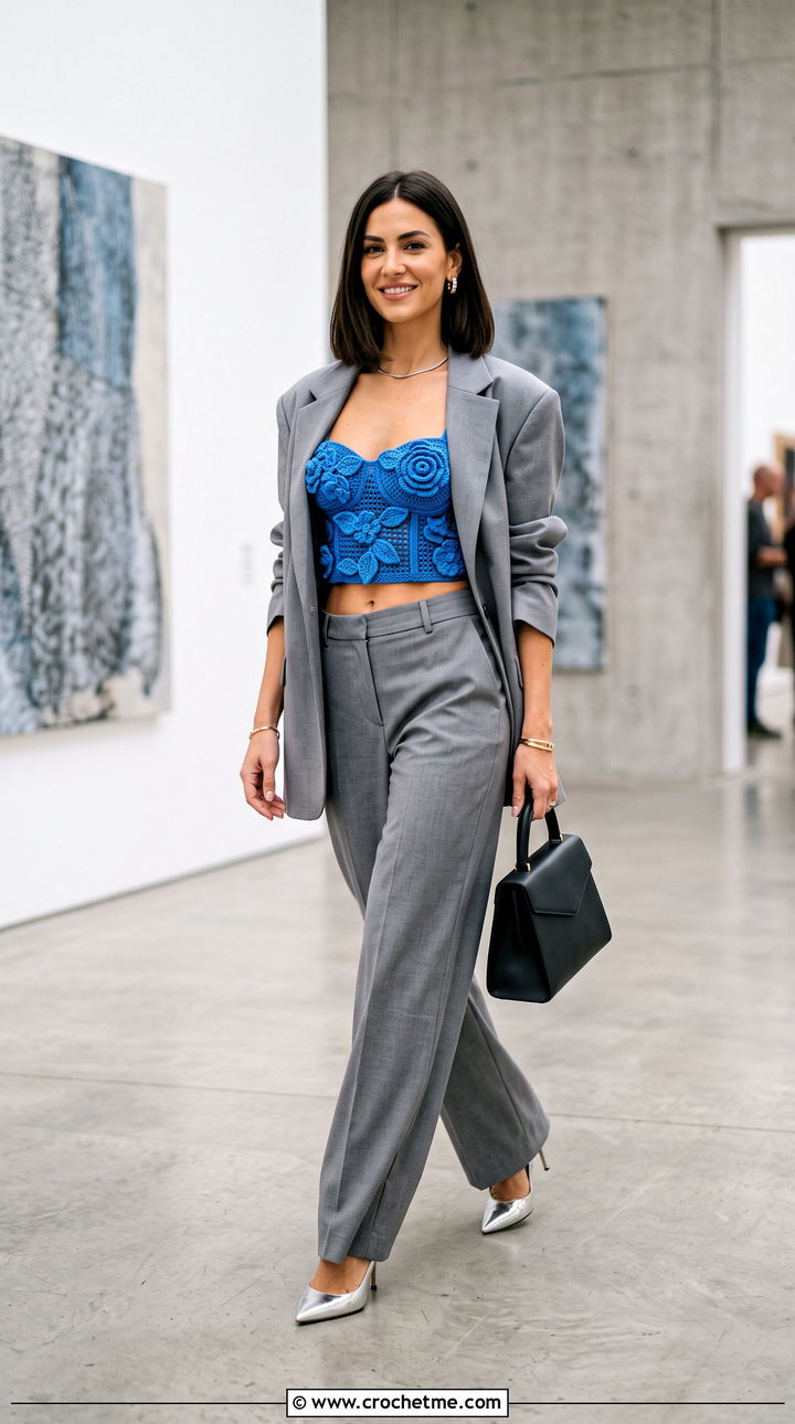 Floral Crochet Bustier Top With Oversized Suit - 35 crochet floral top outfit ideas