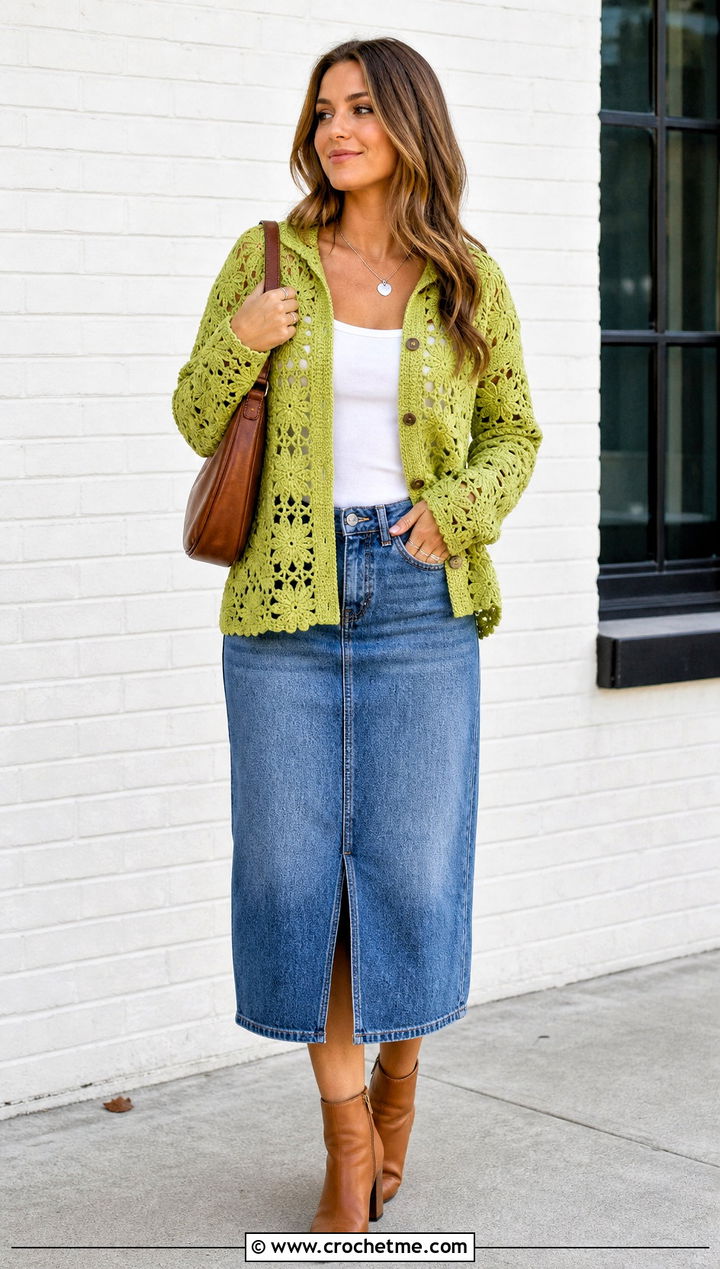 Floral Crochet Button Front Top With A Denim Skirt - 35 crochet top with flowers outfit ideas