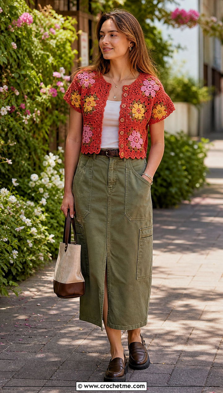 Floral Crochet Button Top With Utility Skirt - 30 crochet button top outfit ideas