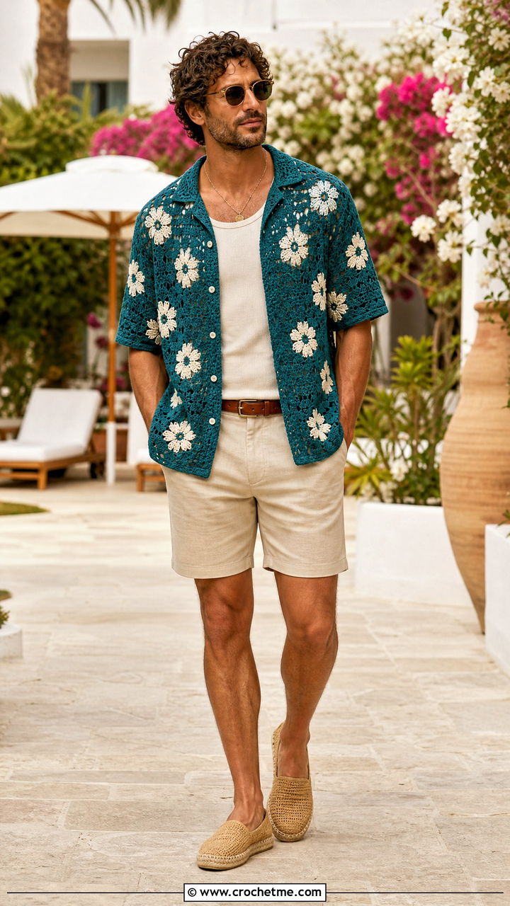 Floral Crochet Camp Shirt With Tailored Shorts - 35 crochet male shirt outfit ideas
