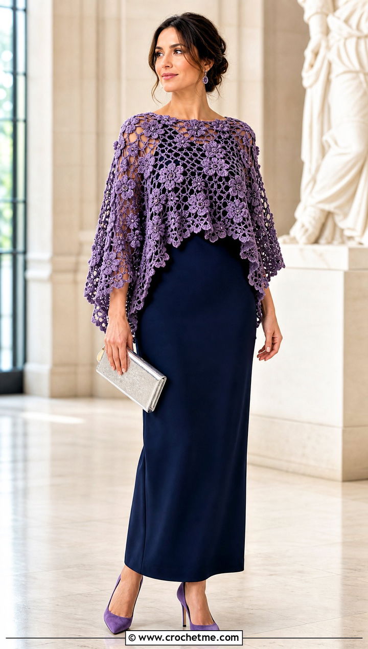 Floral Crochet Cape Top With A Column Dress - 35 crochet top with flowers outfit ideas