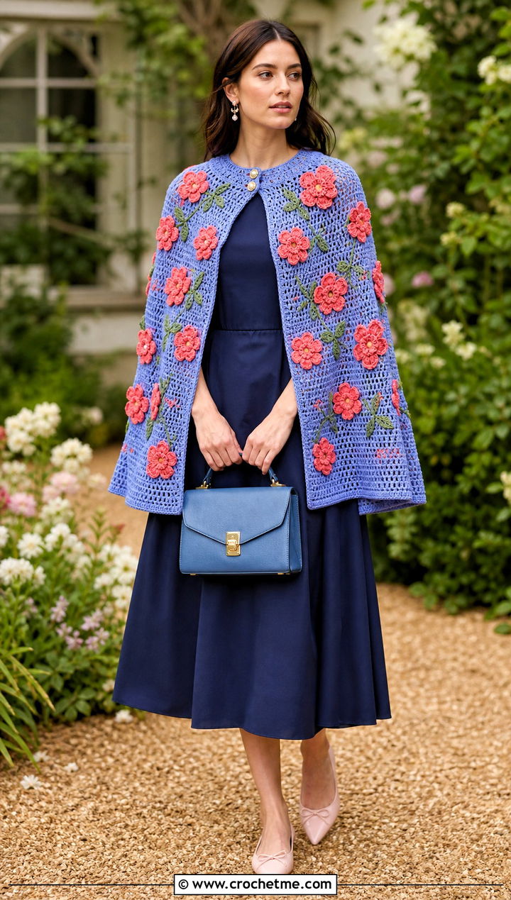Floral Crochet Cape With Midi Dress - 35 whimsical crochet clothes and outfit ideas