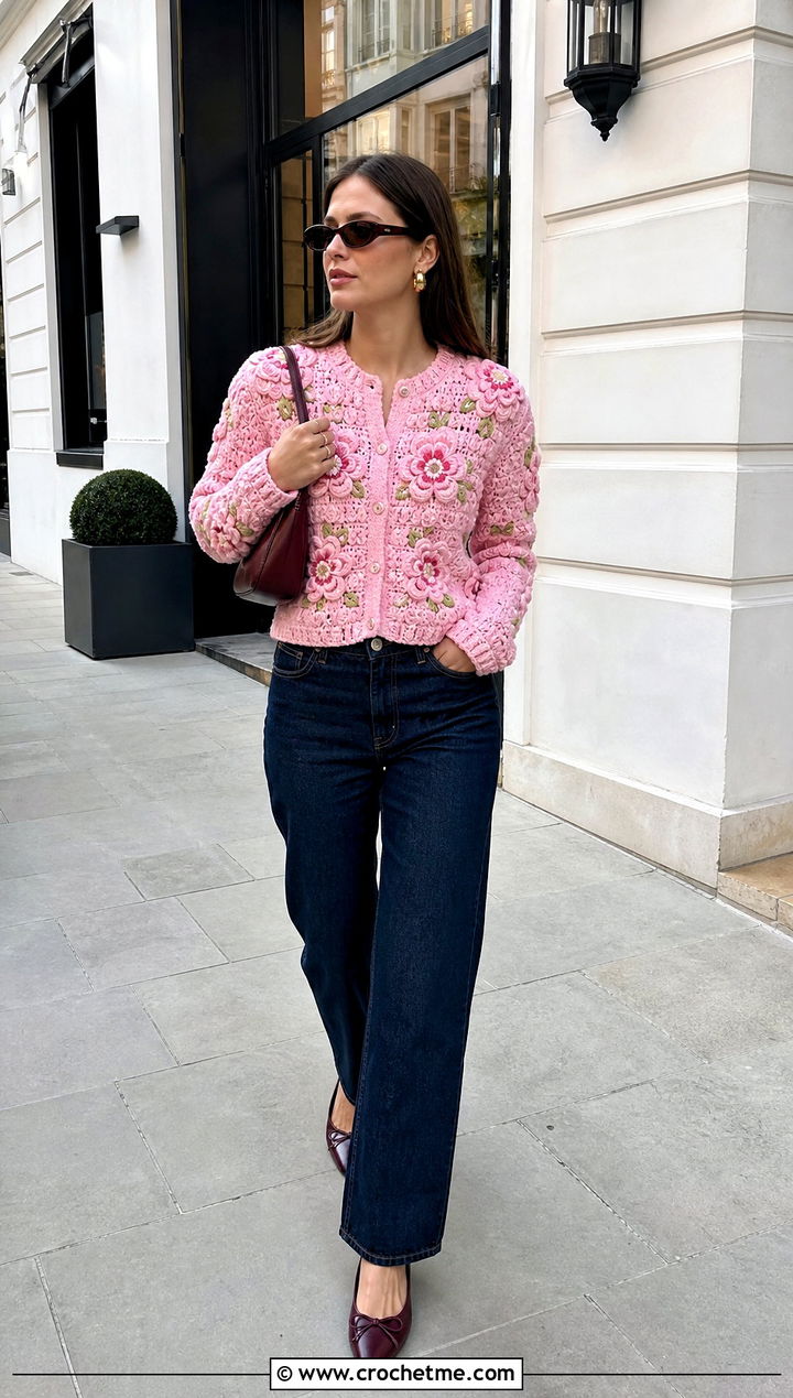 Floral Crochet Cardigan Top With Straight Leg Jeans - 25 alexandra saint mleux crochet top outfit ideas