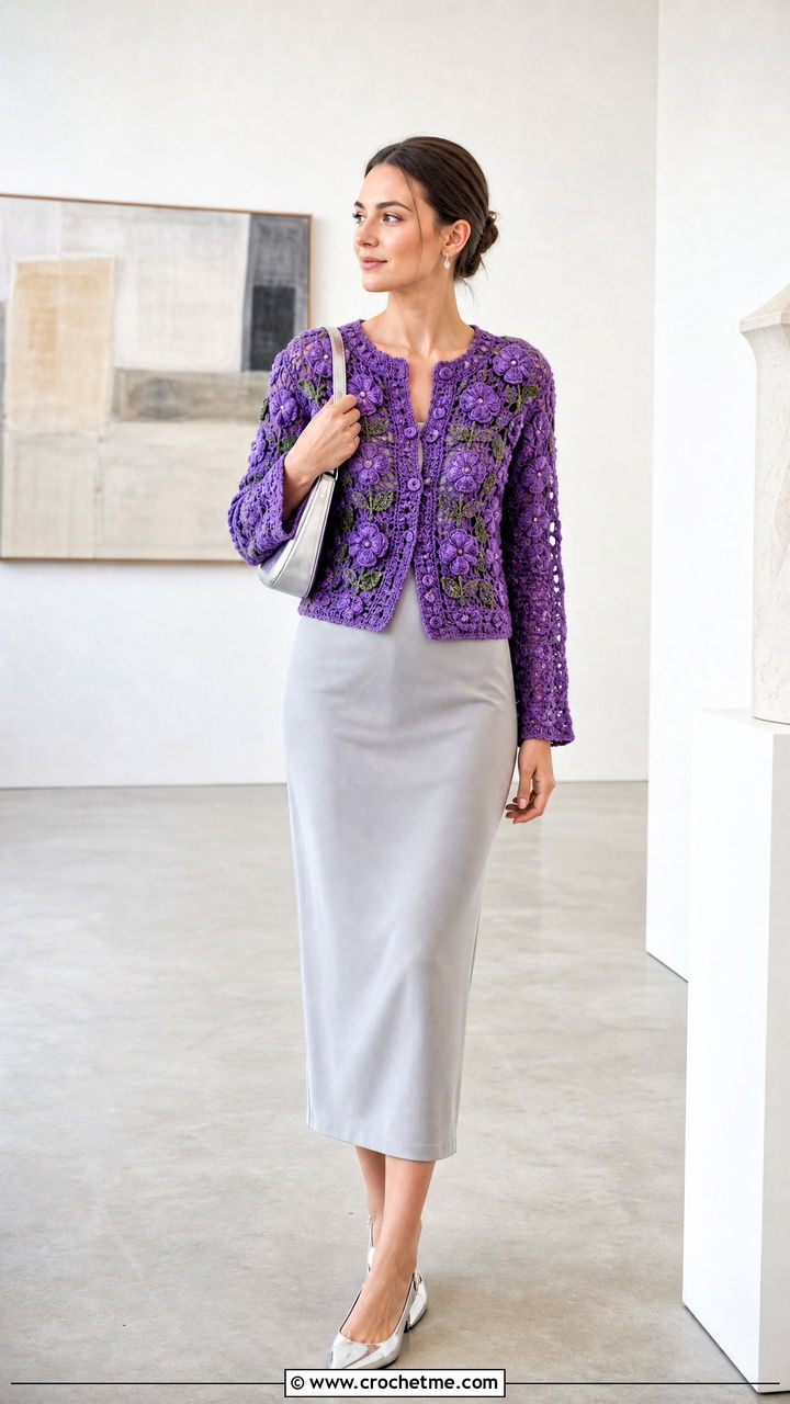 Floral Crochet Cardigan Top With a Column Dress - 35 crochet flower top outfit ideas