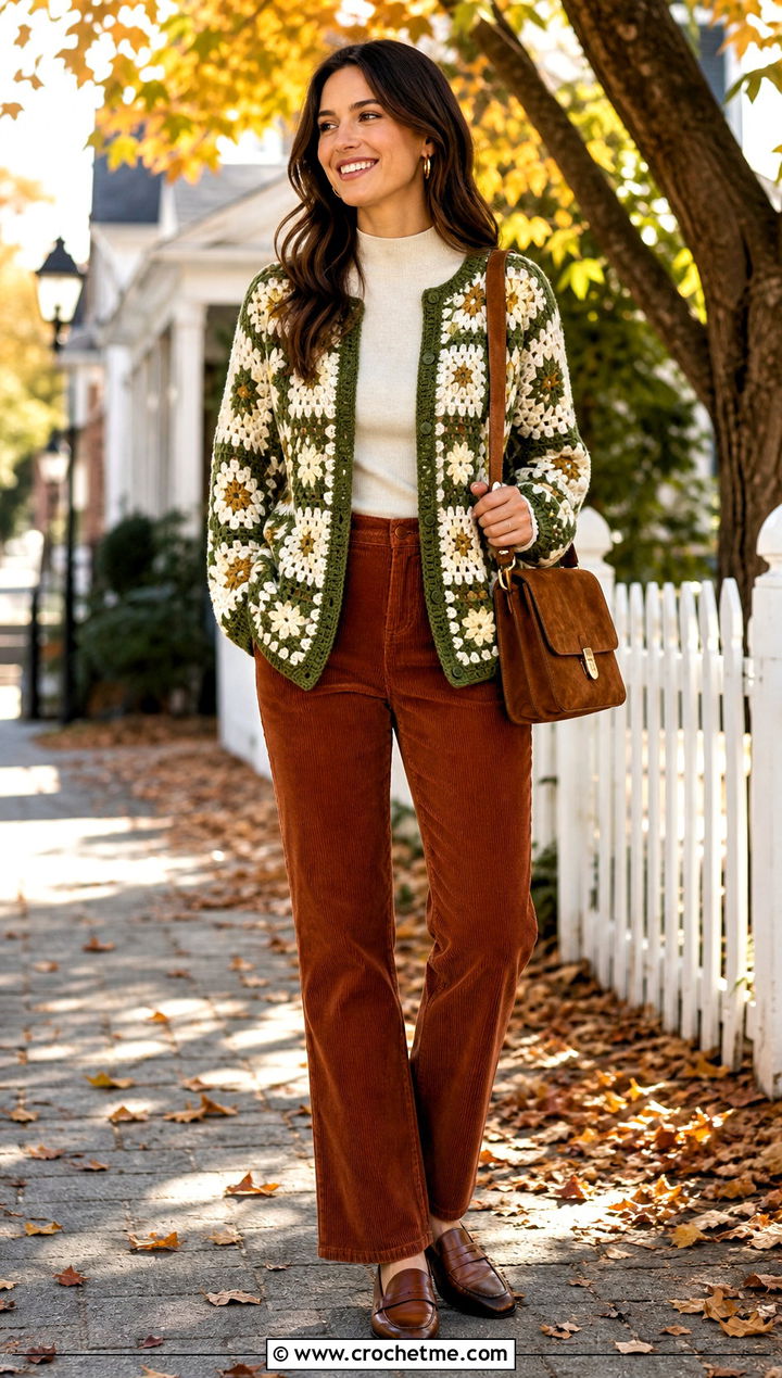 Floral Crochet Cardigan With Corduroy Pants - 25 green and white crochet cardigan outfit ideas