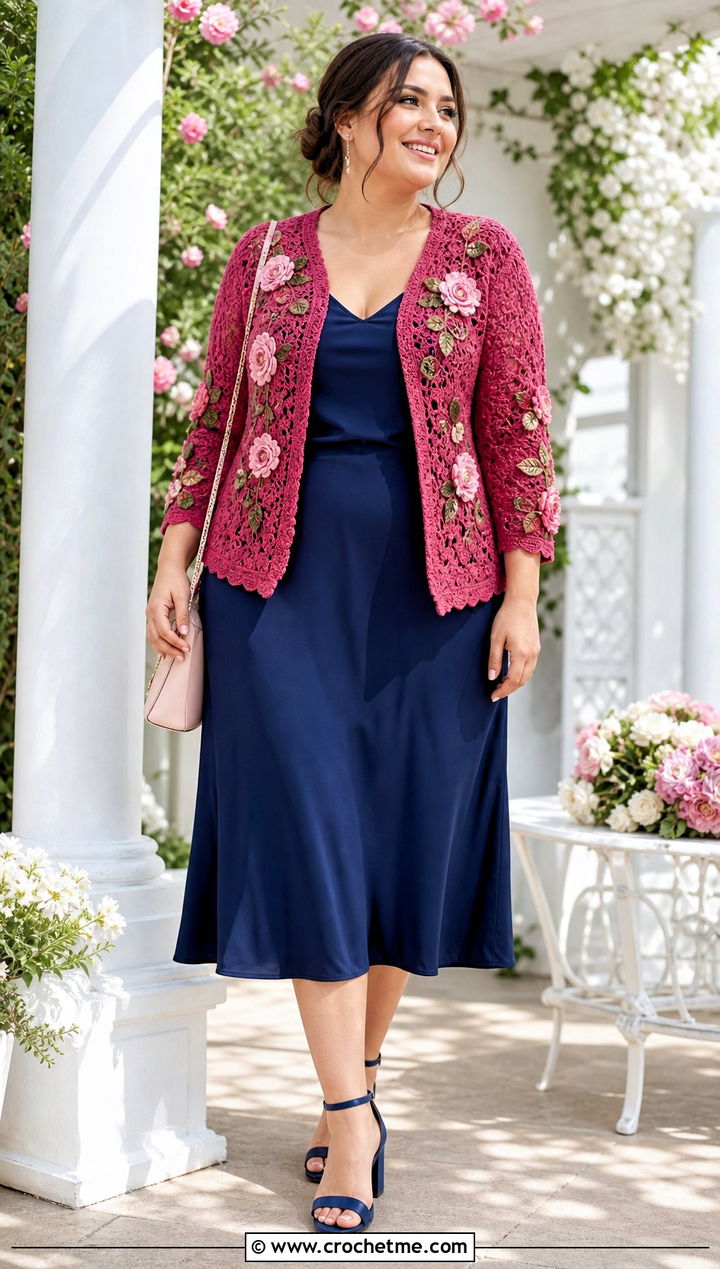 Floral Crochet Cardigan With Slip Dress - 30 crochet plus size cardigan outfit ideas