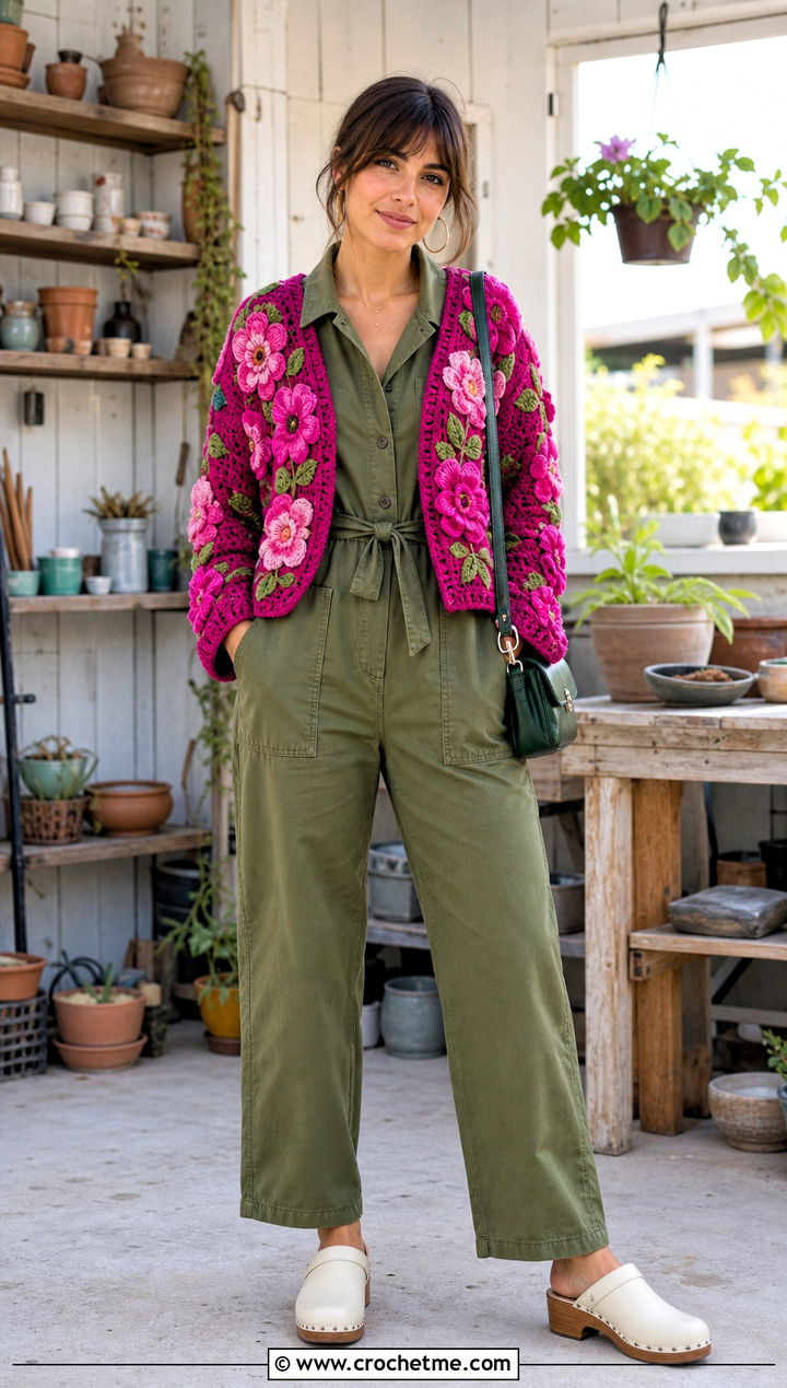 Floral Crochet Cardigan With Utility Jumpsuit - 30 diy crochet cardigan outfit ideas