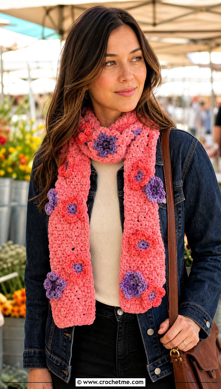 Floral Crochet Chenille Scarf With Trucker Jacket - 25 crochet chenille scarf outfit ideas