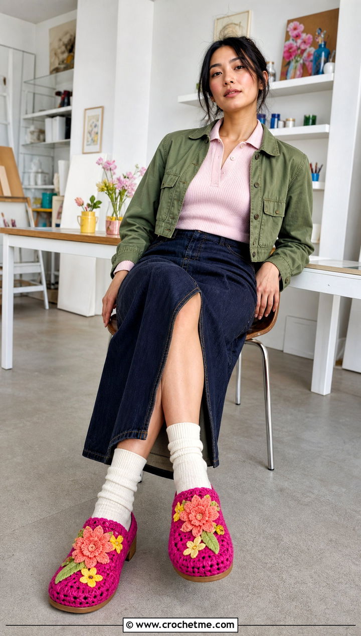 Floral Crochet Clog Slippers With a Denim Midi Skirt - 15 crochet-knit clog slippers outfit ideas