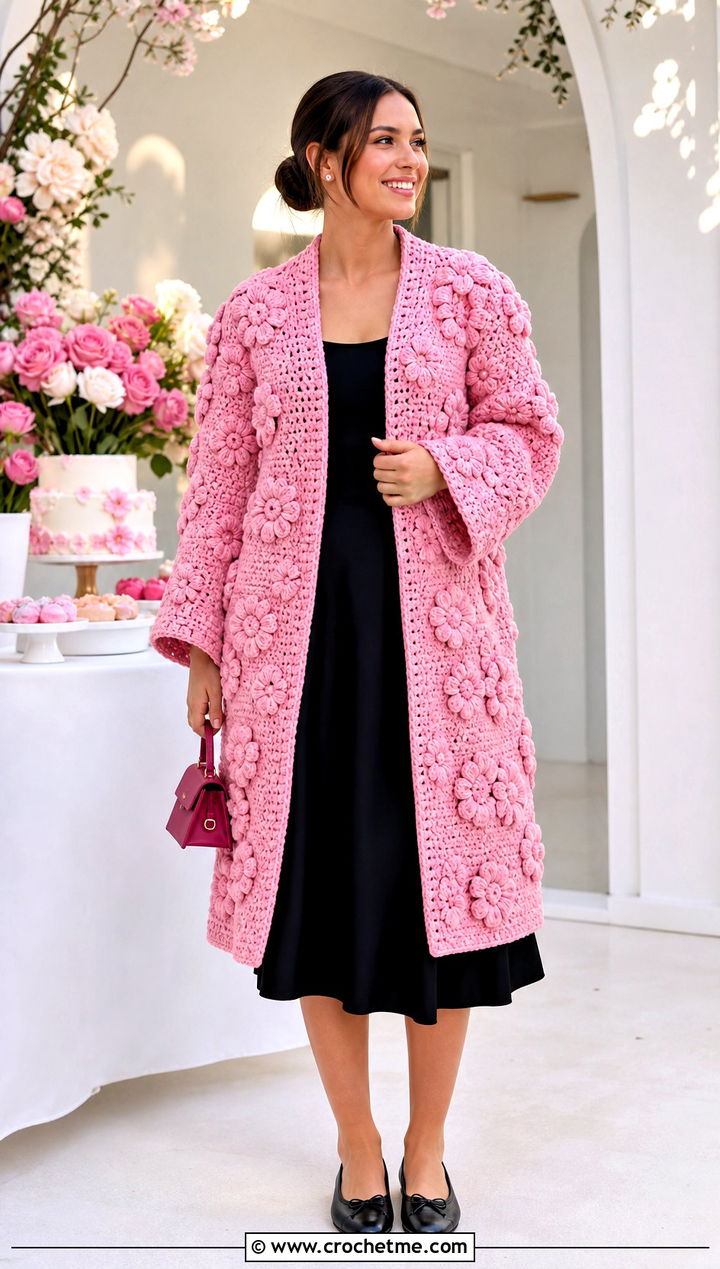 Floral Crochet Coat With Little Black Dress - 30 women crochet coat outfit ideas