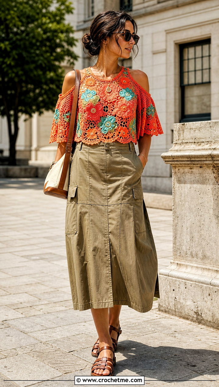 Floral Crochet Cold Shoulder Top With Utility Skirt - 35 floral crochet top outfit ideas