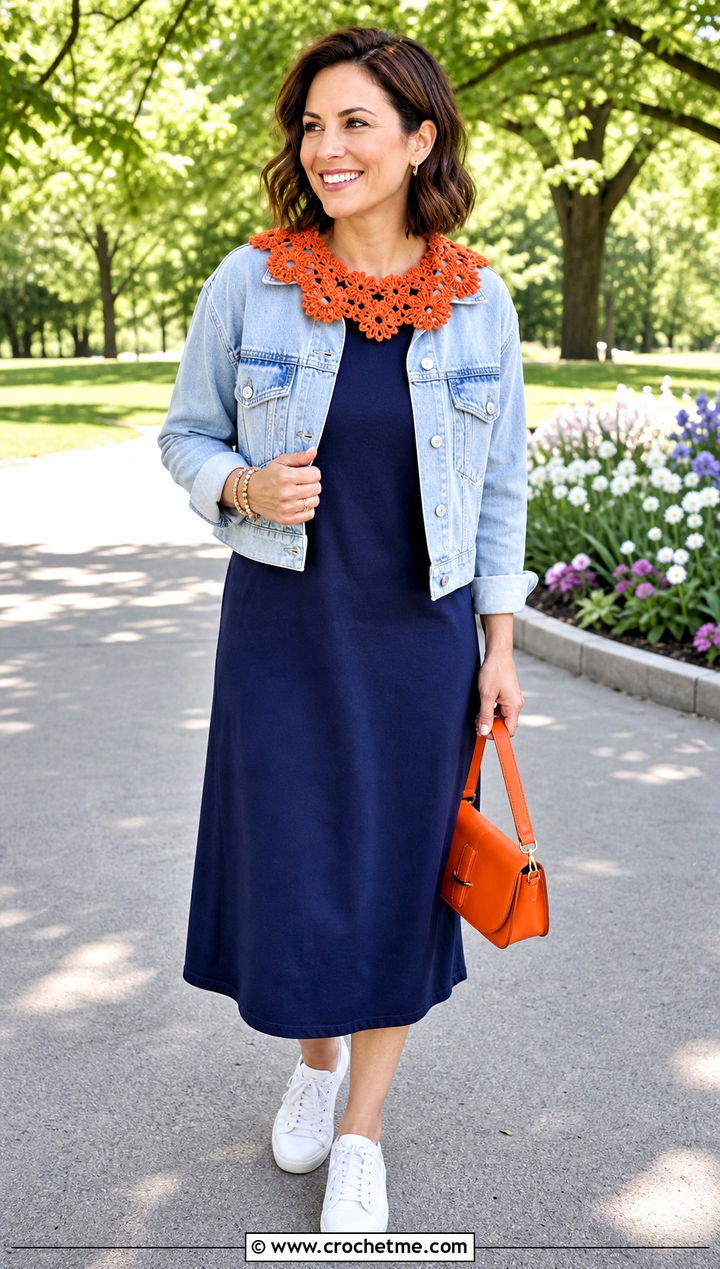Floral Crochet Collar With T Shirt Dress - 15 beginner crochet collar outfit ideas