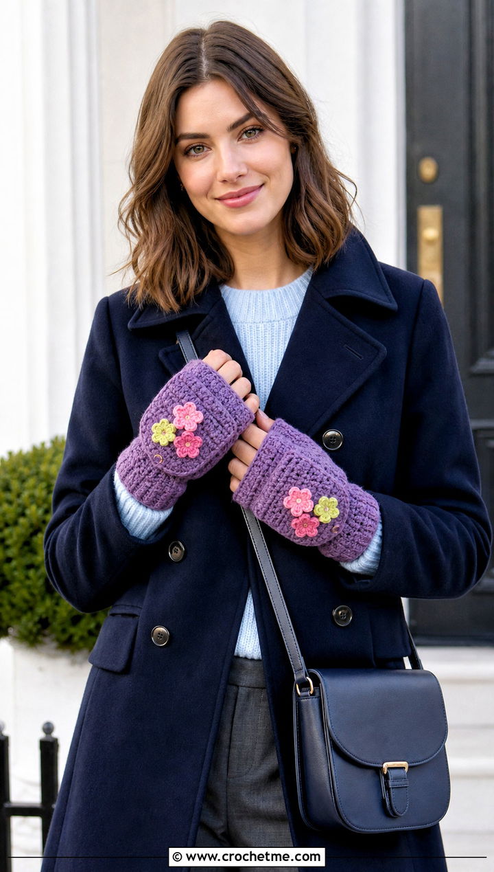Floral Crochet Convertible Mittens With Peacoat - 25 Crochet Convertible Mittens outfit ideas
