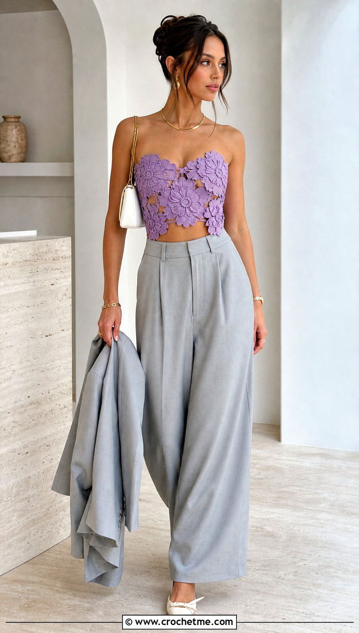 Floral Crochet Corset Crop Top With Relaxed Suit Pants - 30 crochet flower crop top outfit ideas