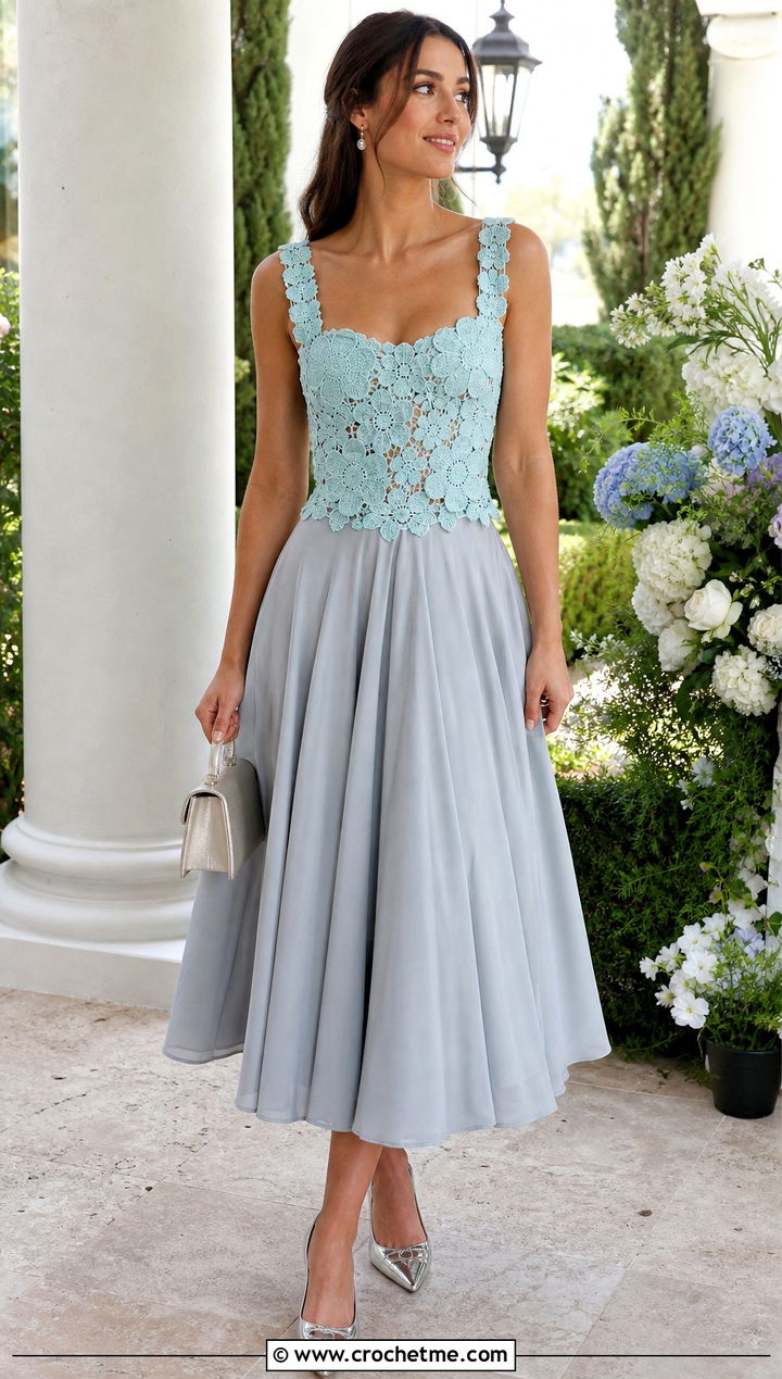 Floral Crochet Corset Top With A Full Midi Skirt - 35 crochet top with flowers outfit ideas