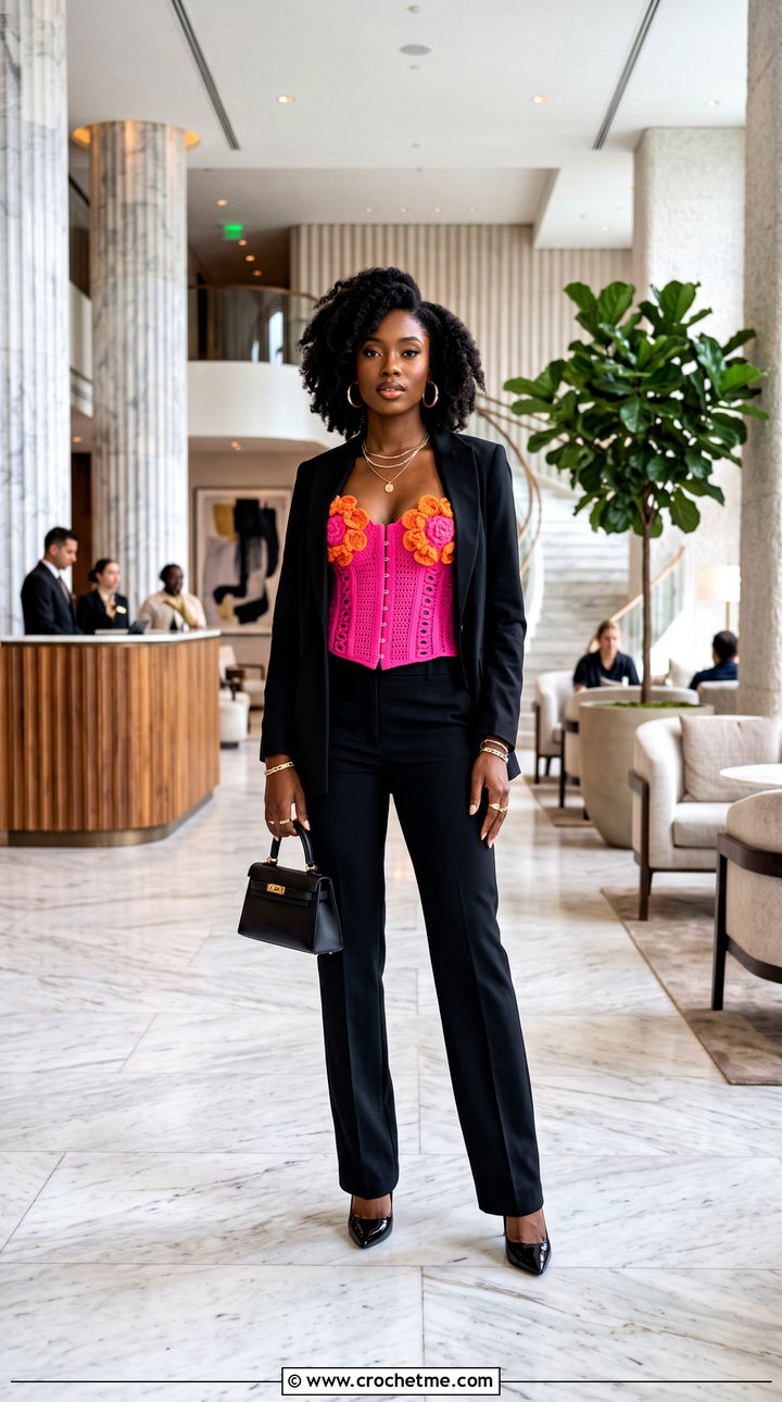 Floral Crochet Corset Top With Tailored Trousers - 35 floral crochet top outfit ideas
