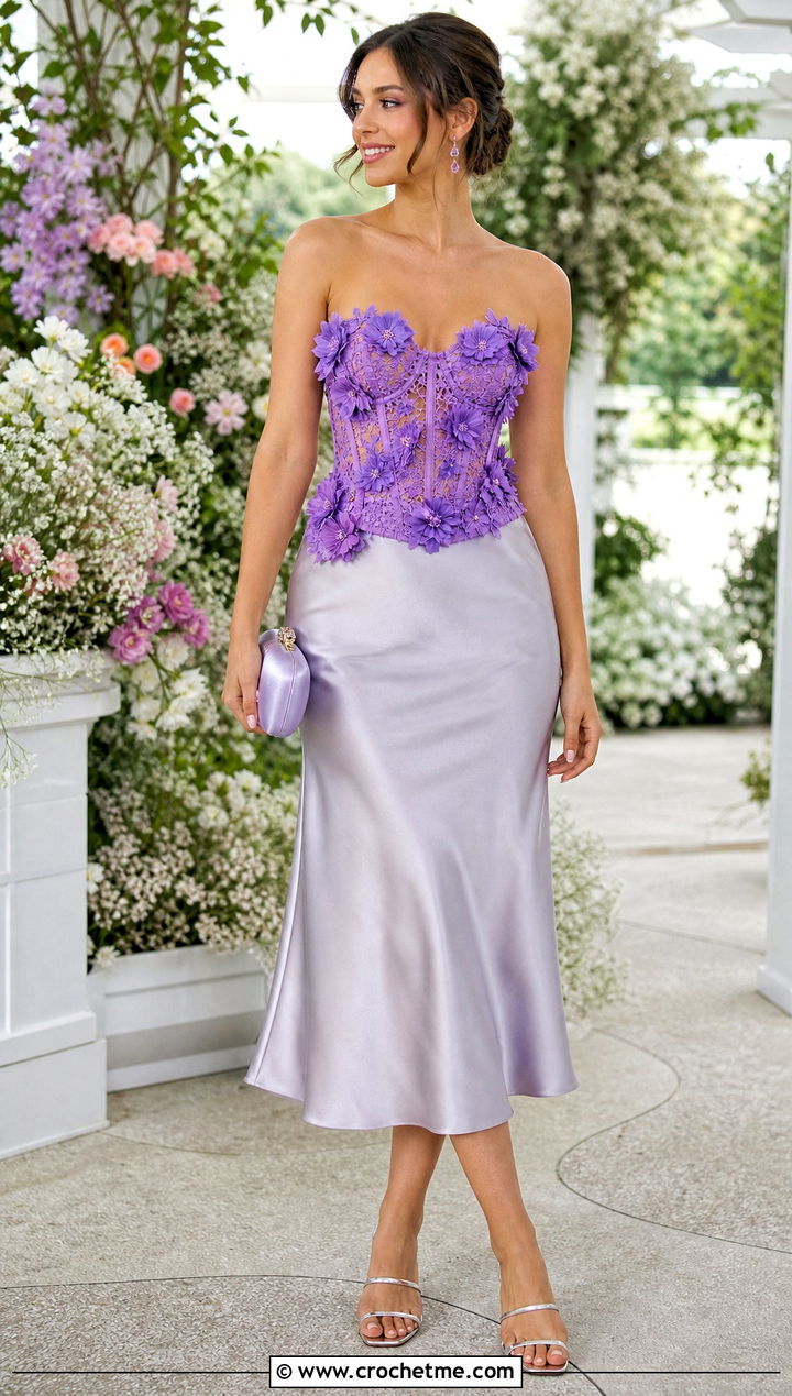 Floral Crochet Corset With A Satin Midi Skirt - 25 easy crochet corset outfit ideas