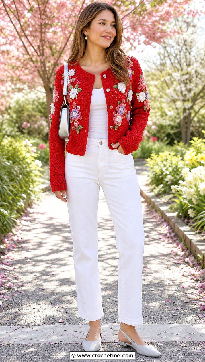 Floral Crochet Crew Neck Cardigan With White Jeans - 20 crochet crew neck cardigan outfit ideas