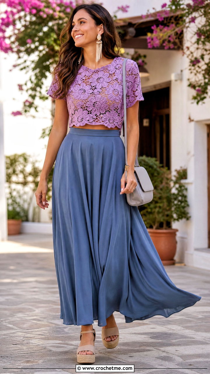 Floral Crochet Crop Shirt With Maxi Skirt - 35 Crochet Flower Shirt outfit ideas