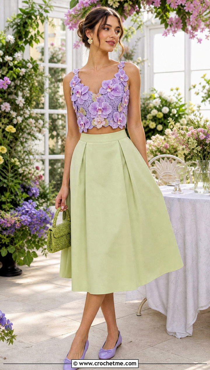 Floral Crochet Crop Top With A Line Skirt - 20 Crochet For Crop Tops outfit ideas