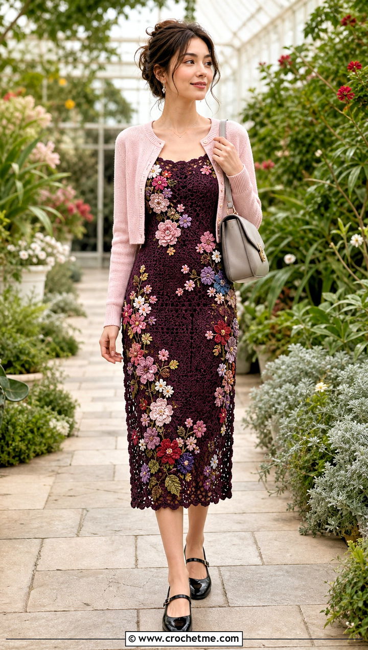 Floral Crochet Dress With Cardigan And Mary Jane Shoes - 25 crochet a dress for women outfit ideas