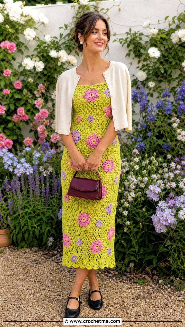 Floral Crochet Dress With Mary Jane Flats - 15 colorful crochet dress outfit ideas