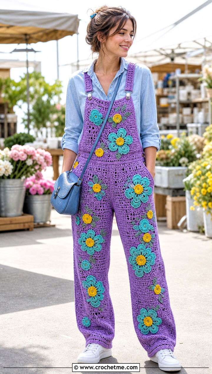 Floral Crochet Dungarees With Denim Shirt - 30 crochet dungarees outfit ideas