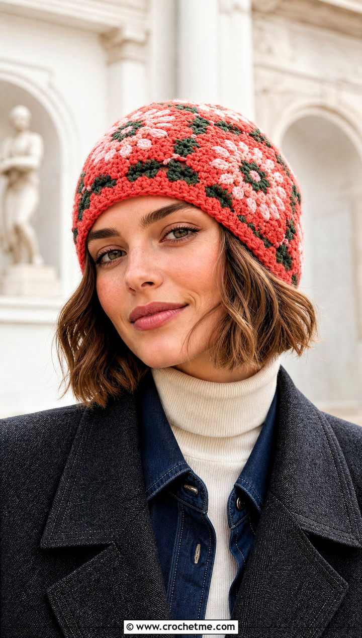 Floral Crochet Fair Isle Beanie With Denim Dress - 25 Crochet Fair Isle Hat outfit ideas