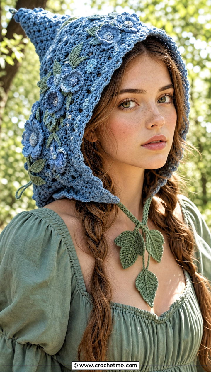 Floral Crochet Fairy Hood With Prairie Dress - 25 Fairy Core Crochet Outfits ideas