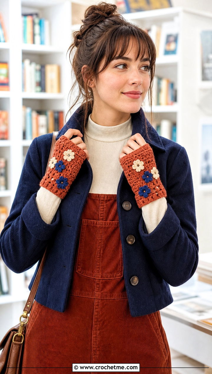 Floral Crochet Fingerless Mittens With Corduroy Dress - 25 crochet fingerless mittens outfit ideas