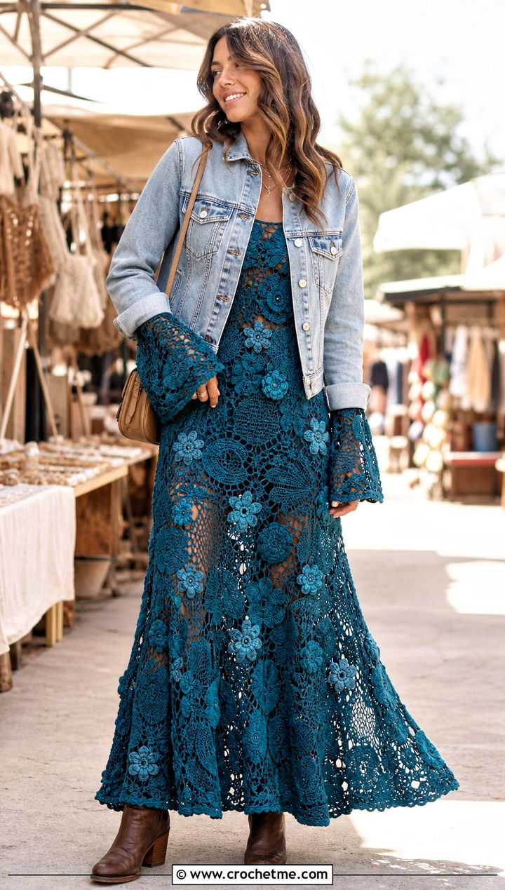 Floral Crochet Fishtail Flare Sleeve Maxi Dress With Denim Jacket - 20 Crochet Fishtail Flare Sleeve Maxi Dress outfit ideas