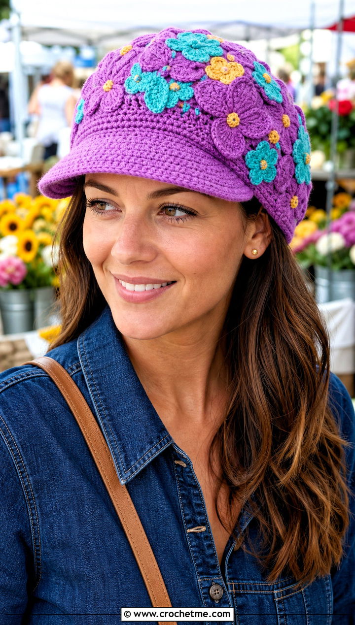 Floral Crochet Flat Cap With Denim Dress And Clogs - 25 crochet flat cap outfit ideas