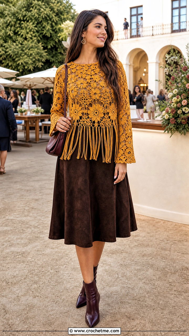 Floral Crochet Fringe Top With Suede Midi Skirt - 35 crochet floral top outfit ideas