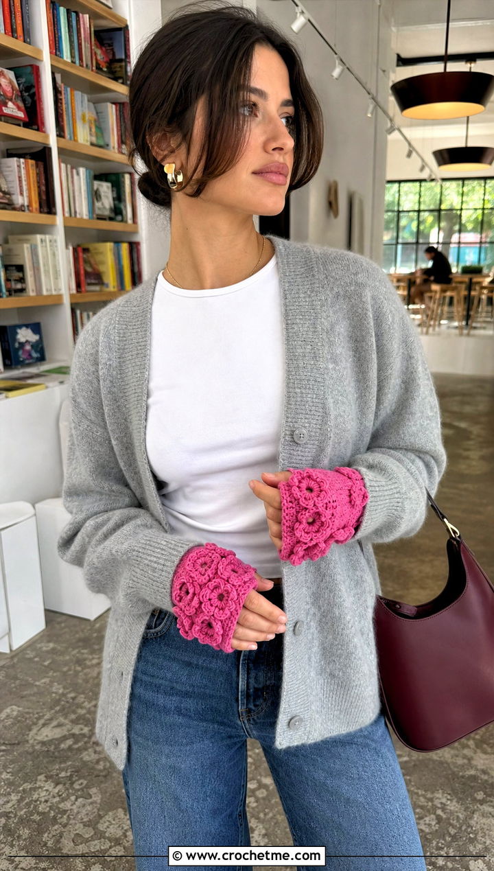 Floral Crochet Gloves With Cardigan - 25 crocheted gloves outfit ideas