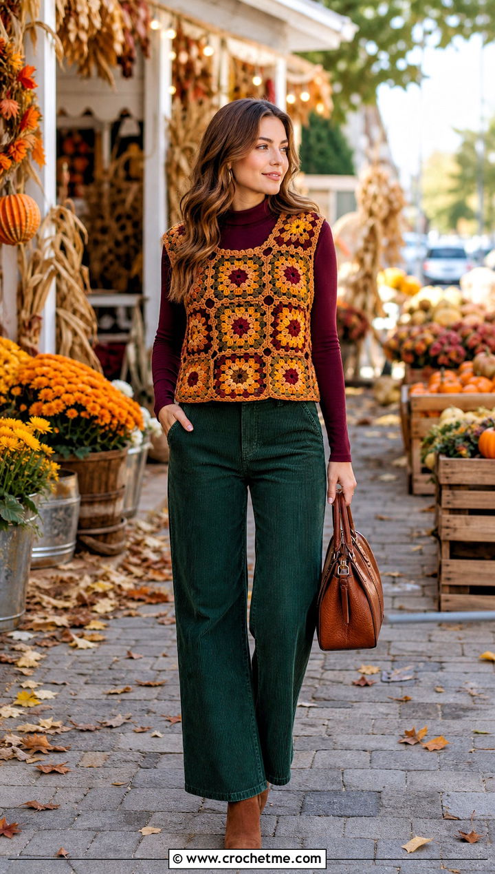 Floral Crochet Granny Top With Corduroy Pants - 25 crochet granny top outfit ideas