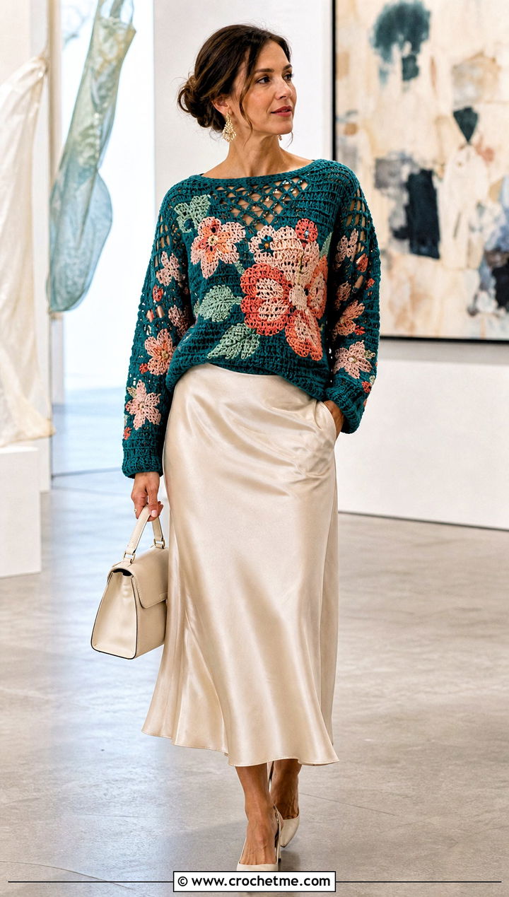 Floral Crochet Graph Sweater With Satin Midi Skirt - 30 crochet graph sweater outfit ideas
