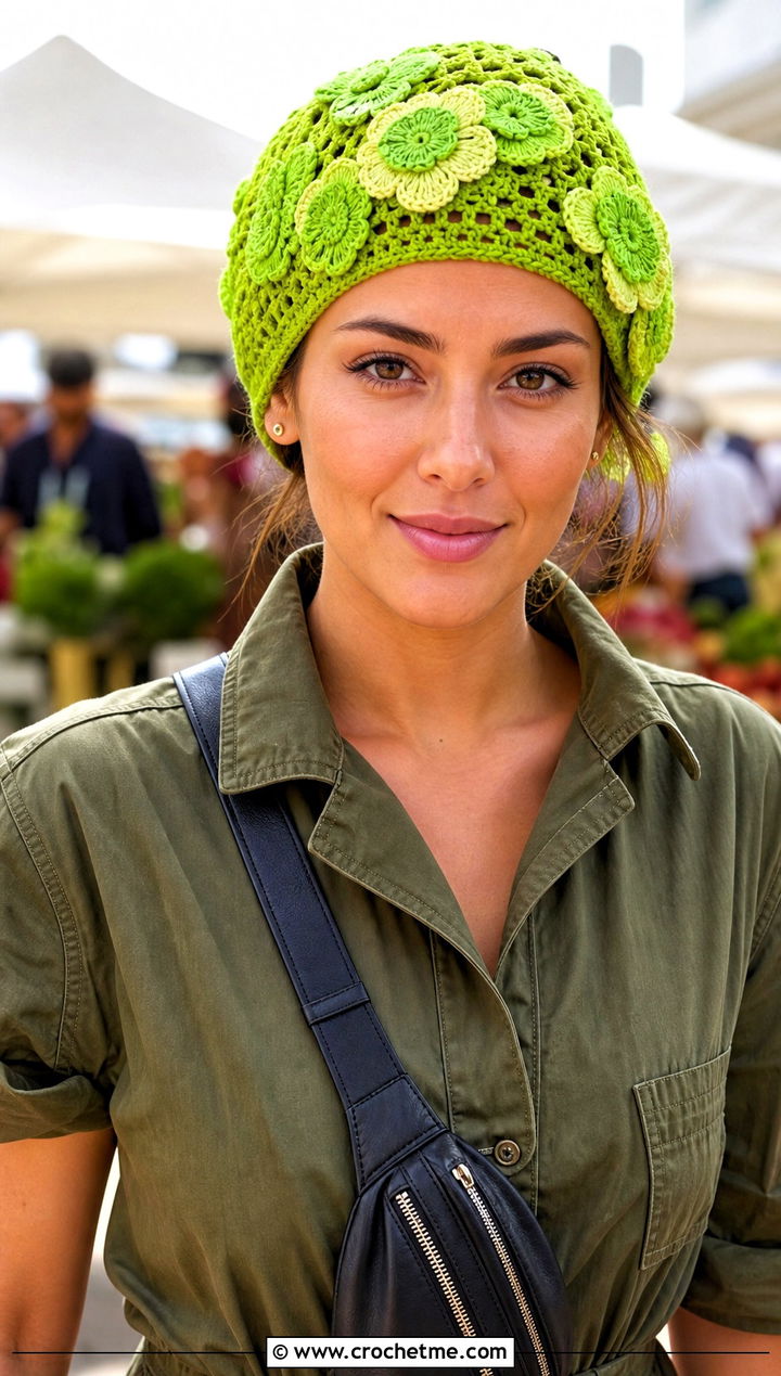Floral Crochet Hair Cap With Utility Jumpsuit - 15 crochet hair cap outfit ideas