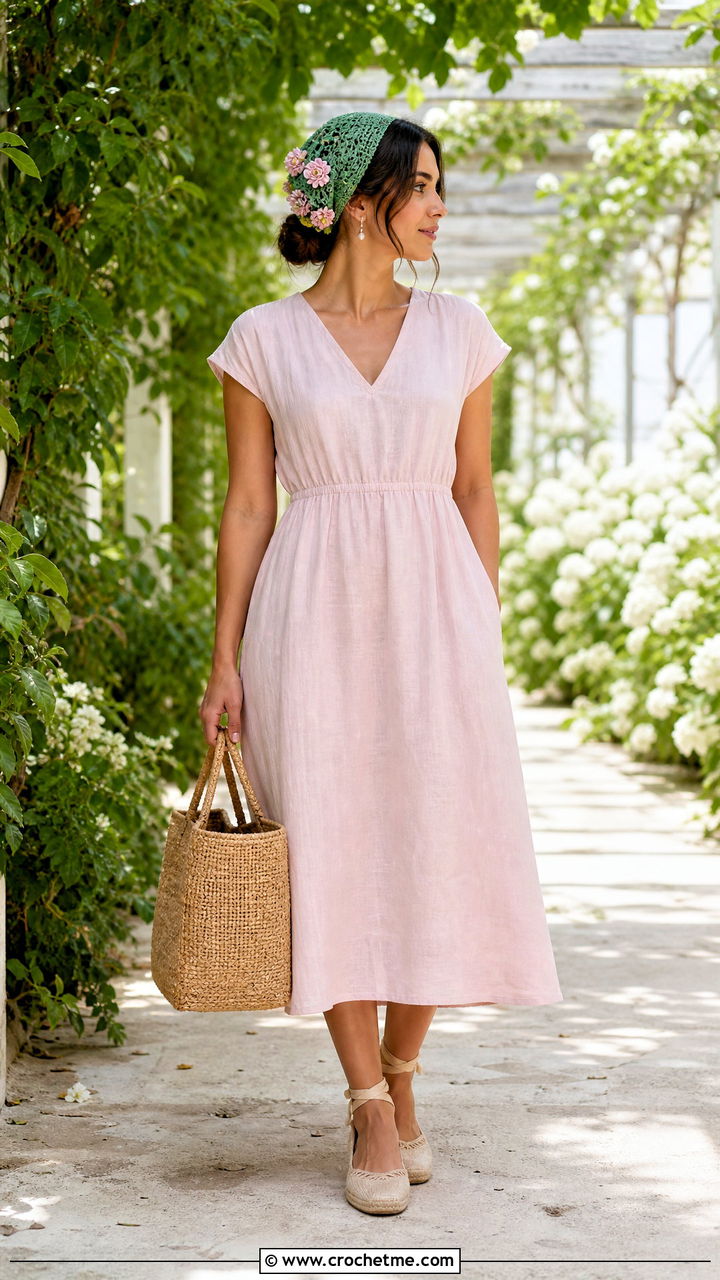 Floral Crochet Hair Kerchief With Linen Dress And Espadrilles - 35 crochet hair scarf outfit ideas
