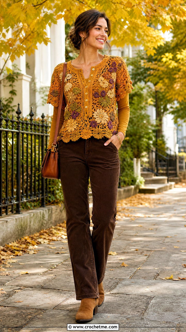 Floral Crochet Henley Shirt With Corduroy Pants - 35 Crochet Flower Shirt outfit ideas