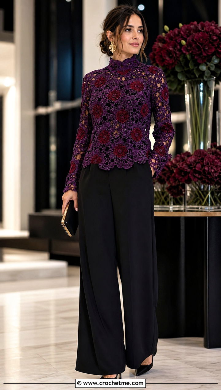 Floral Crochet High Neck Top With Palazzo Pants - 35 floral crochet top outfit ideas